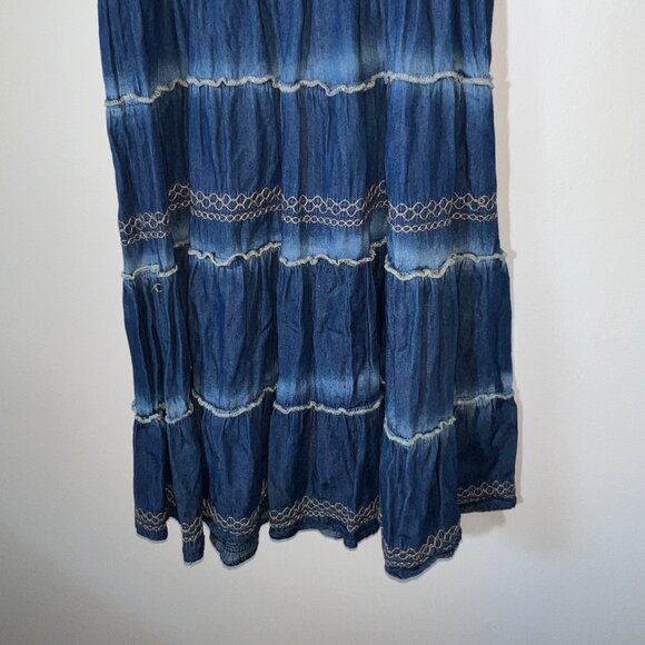 Lapis Anthropologie Tiered Smocked Denim Maxi Peasant Prairie Boho Dress Sz M - Picture 11 of 15
